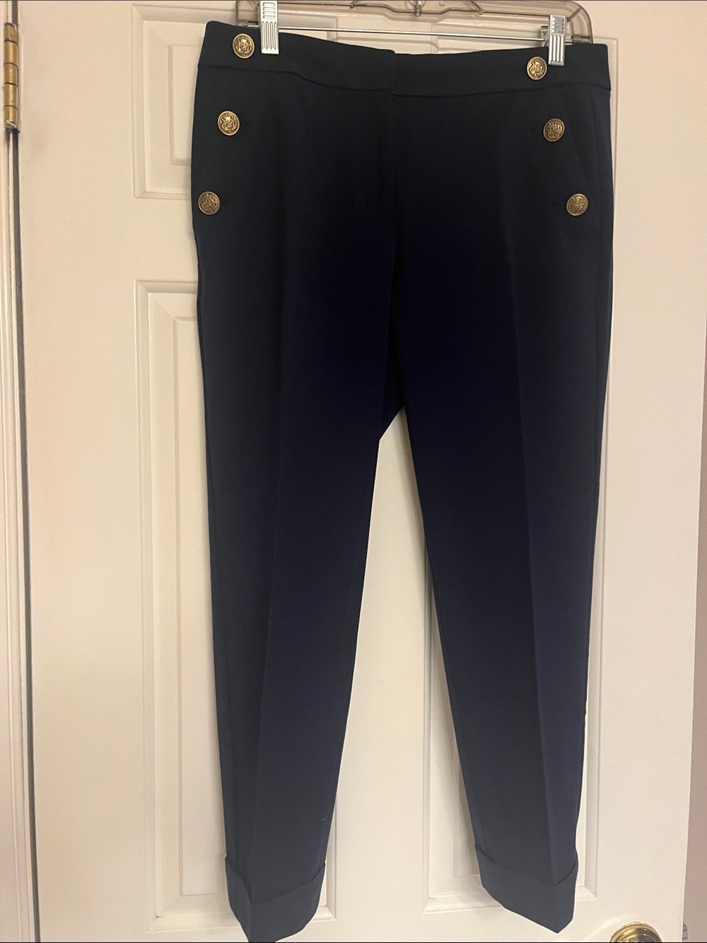 LOFT Navy Ankle Pants with Gold Button Accent